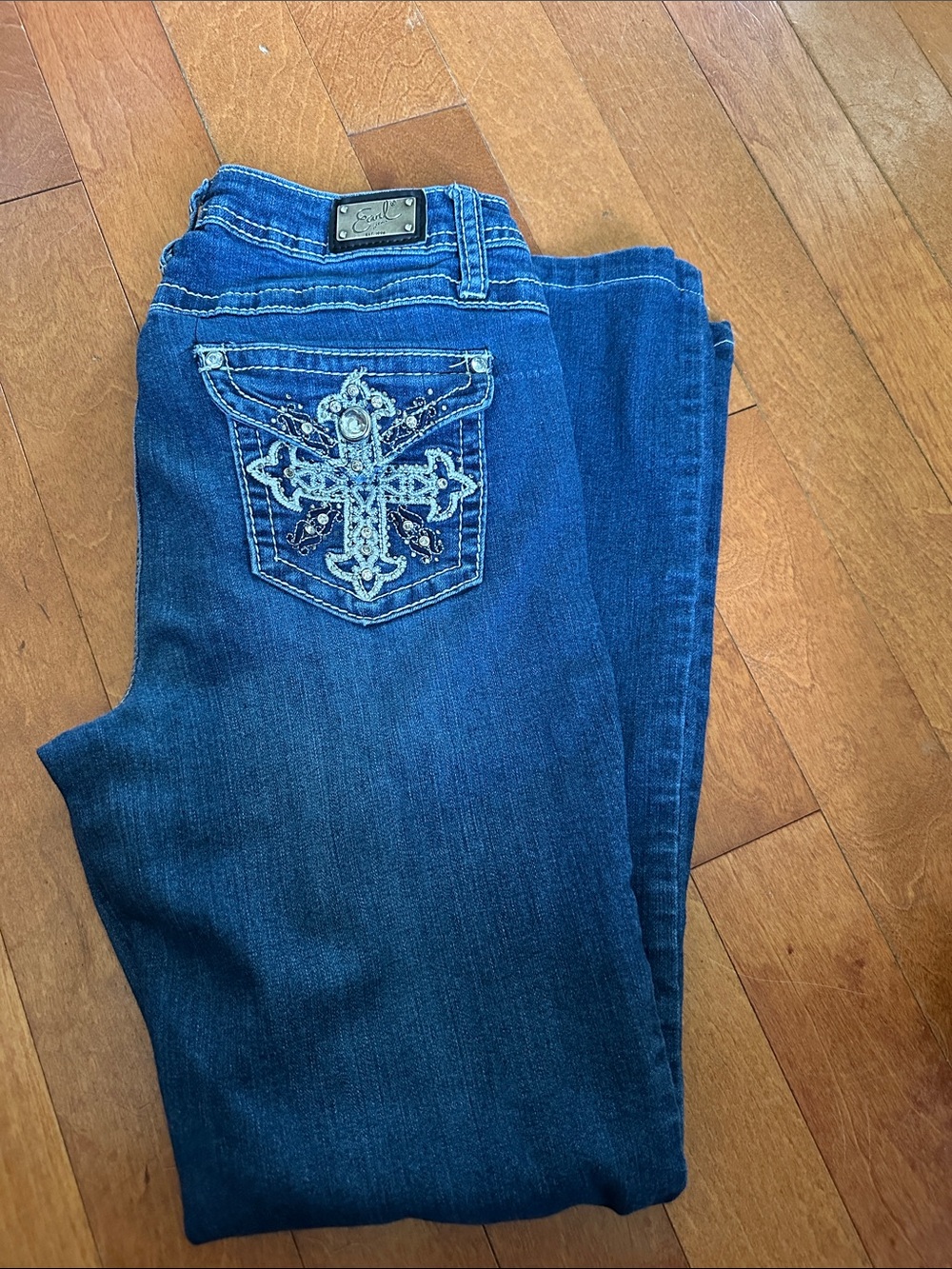 Earl Jeans Dark Blue Boot Cut Jeans with Embellished Cross